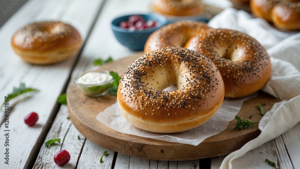Poster freshly baked bagels with poppy seeds served on a wooden platter with dipping sauce and fresh herbs 