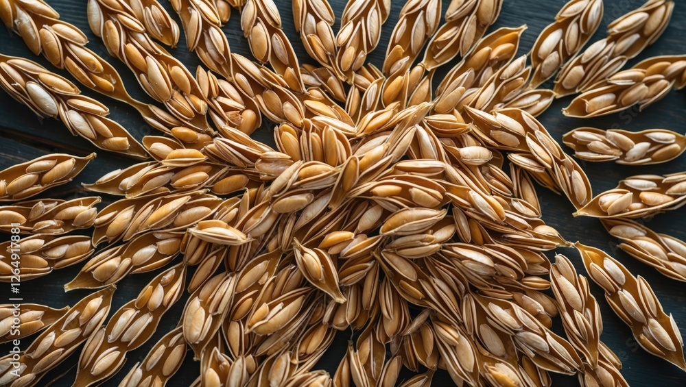 Poster close-up of sunflower seeds arranged in a circular pattern on a dark wooden surface with detailed te