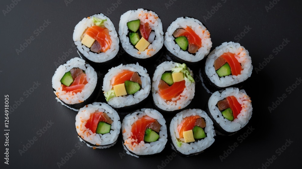Poster delicious sushi rolls arranged neatly on a dark surface with various ingredients including salmon cu