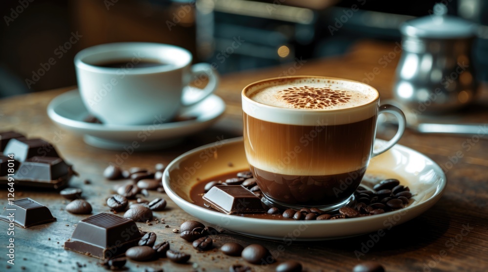 Poster Coffee cup with latte art on wooden table surrounded by chocolate pieces and coffee beans with another cup in background Copy Space