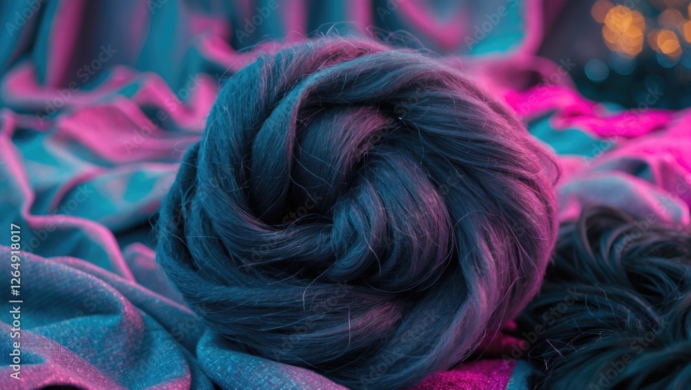 Poster colorful hair bun on fabric surface with soft lighting and blurred background bokeh effect copy spac