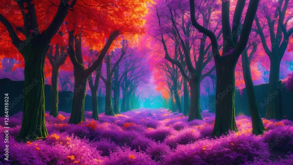 Aufkleber fantasy forest landscape with vibrant purple and orange trees creating a surreal atmosphere and deep