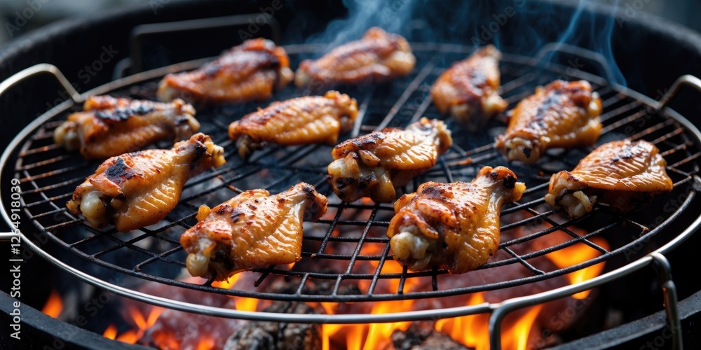 Poster grilled chicken wings on barbecue grill over open flames with smoke rising and charred texture on wi