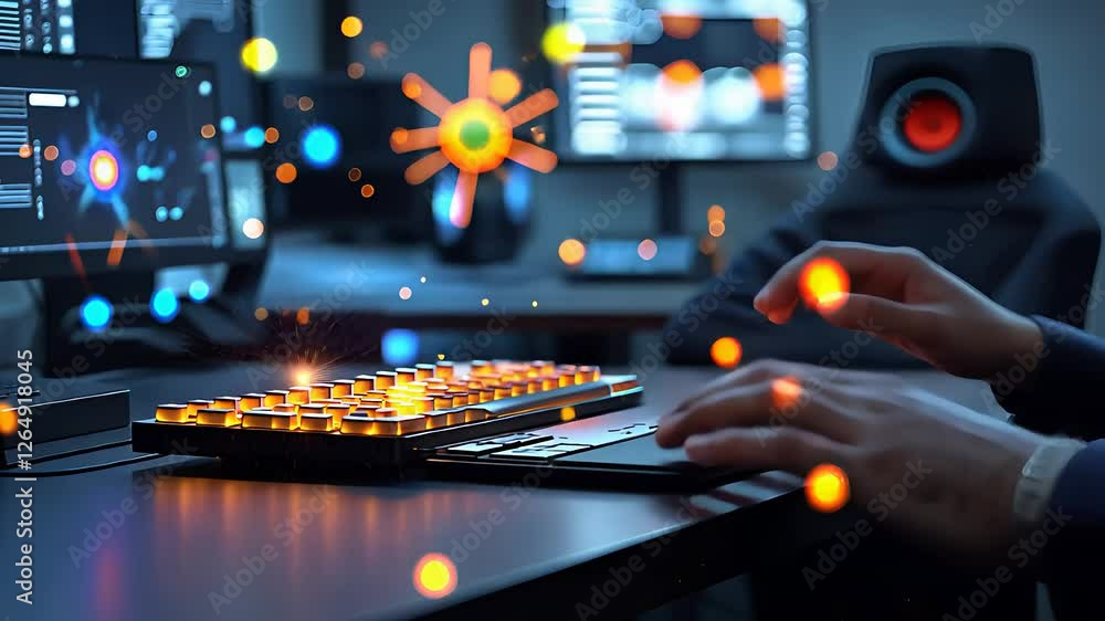 Poster gamer using a mechanical keyboard with glowing rgb lights in a futuristic setup with screens and dig