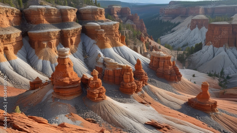 Poster colorful rock formations in a canyon landscape during daylight with layered textures and geological 