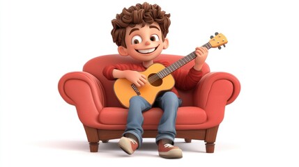 Happy boy playing guitar on red sofa