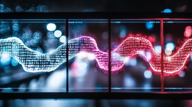 Futuristic Digital Binary Code Data Wave on Screens