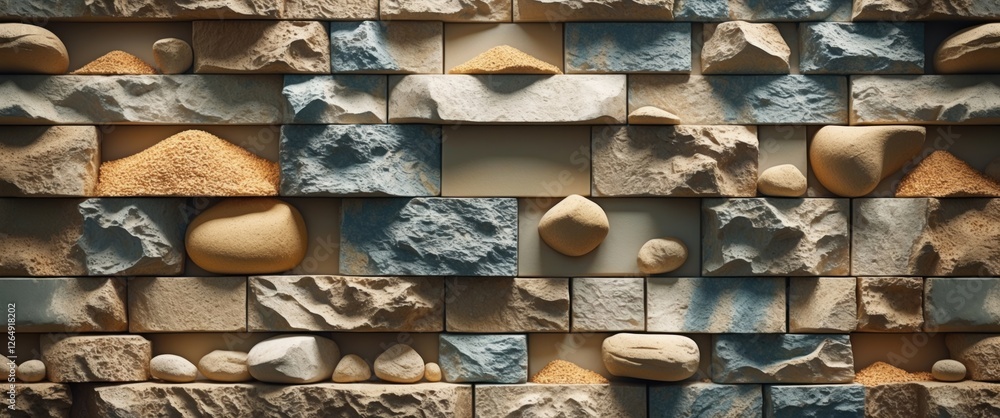 Poster textured wall featuring a variety of stones and sand with natural colors and shadows suitable for a 