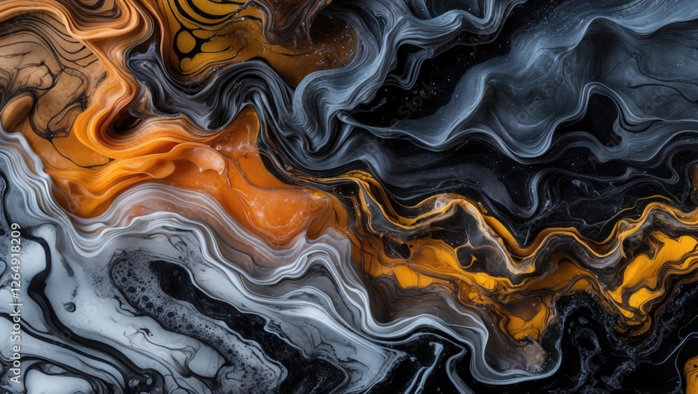 Poster abstract swirling marble texture in black, white, and orange tones with fluid patterns and rich colo