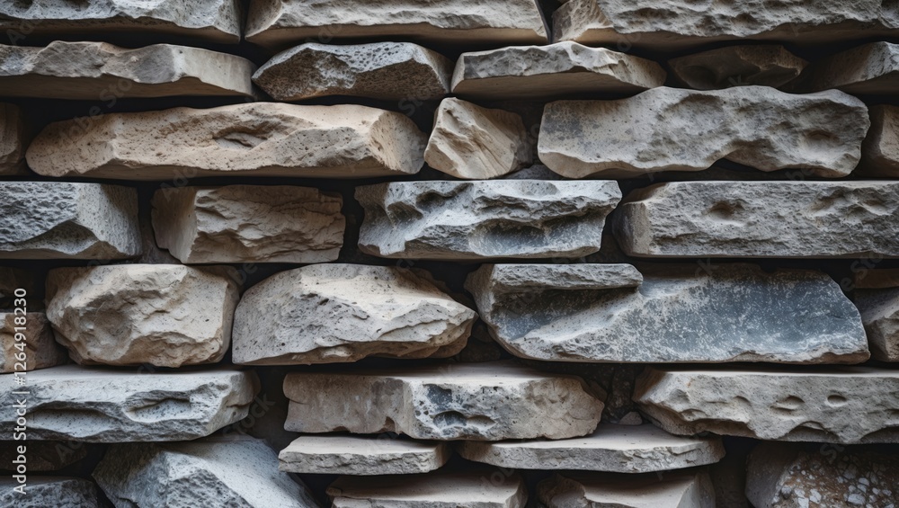 Aufkleber Textured stone wall with irregularly shaped gray and beige stones stacked in a natural pattern showing variations in color and texture Copy Space