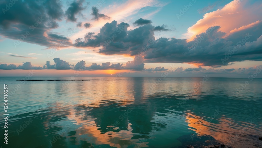 Poster Tranquil seascape at sunset with colorful clouds reflecting in calm waters and smooth horizon in the background Copy Space