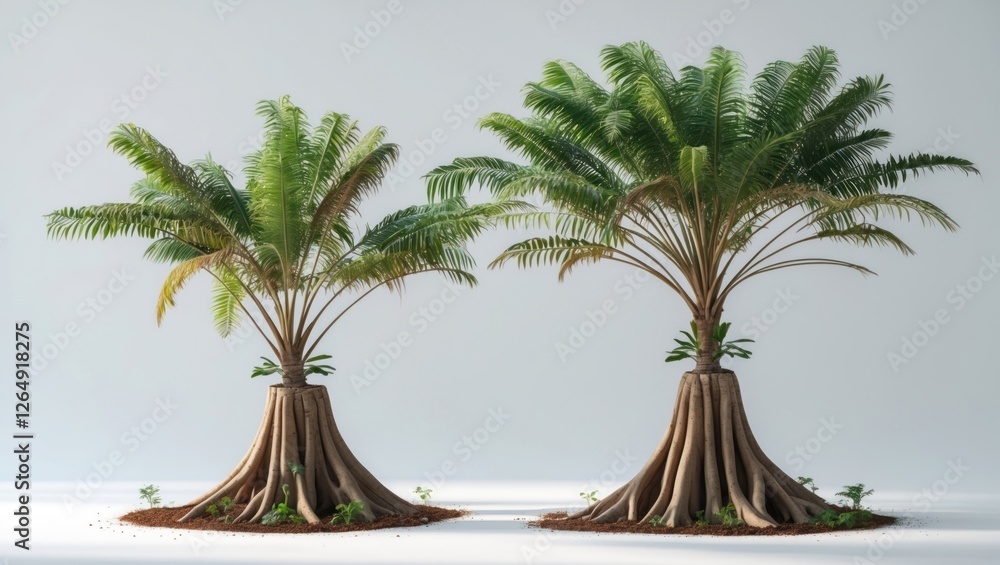 Poster Two lush tropical palm trees with large fronds and distinctive trunks on a white backdrop with soil and small plants below, Copy Space