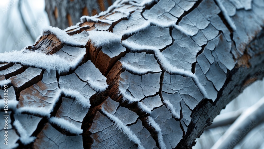 Poster frost-covered tree bark with intricate textures and patterns in a winter landscape, natural detail, 