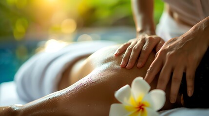 Naklejka premium A person is receiving a massage with a white flower in the foreground.