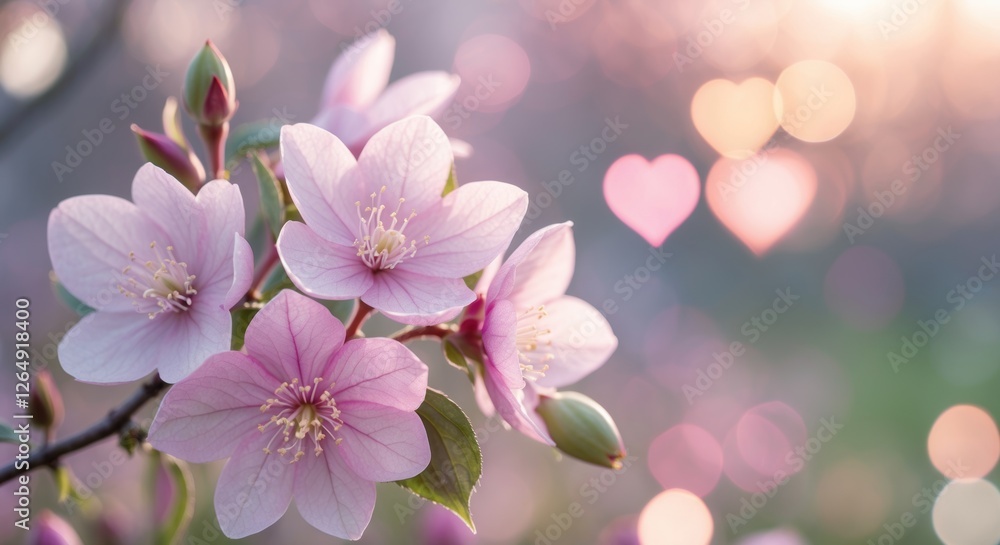Poster pink cherry blossoms with blurred bokeh hearts in the background suitable for spring themes and flor