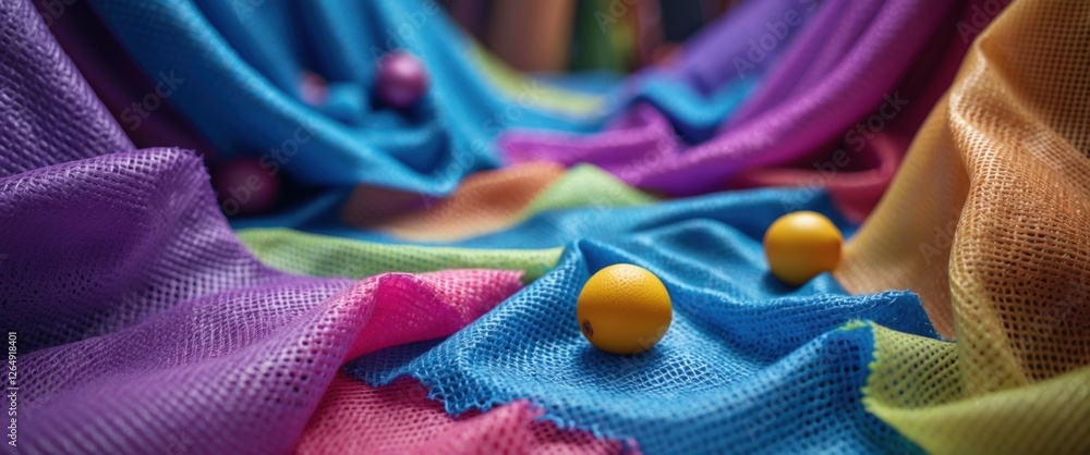 Aufkleber Colorful mesh fabric draped with yellow balls on a blurred background creating an abstract textile composition with Copy Space.