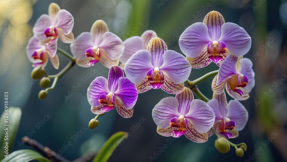 Poster purple and white phalaenopsis orchids in bloom with soft green background and natural lighting copy 