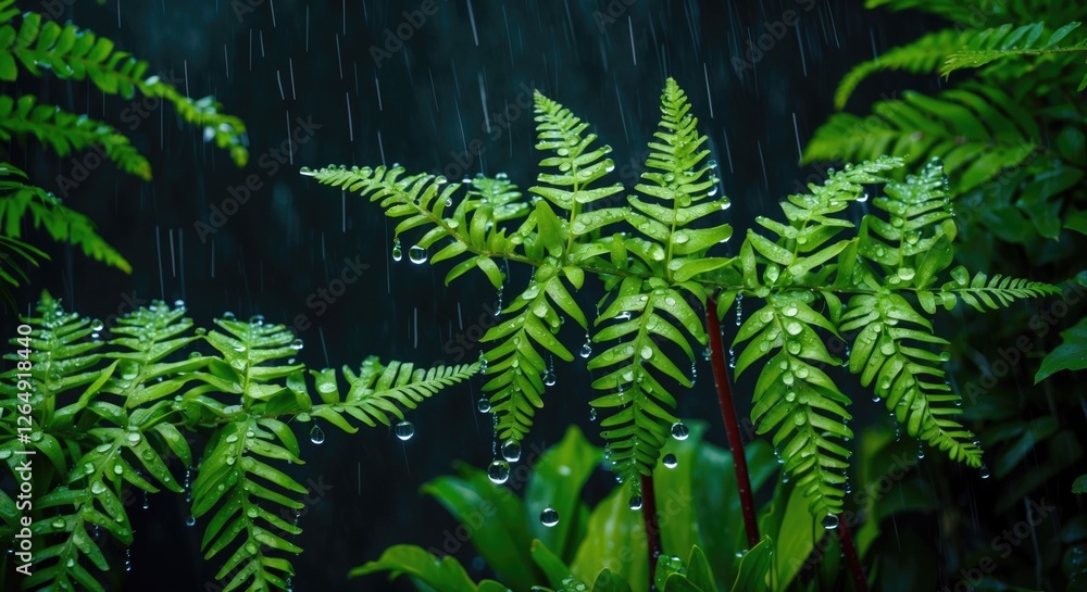 Aufkleber rain-soaked ferns with water droplets surrounded by lush greenery in a natural setting with dark bac