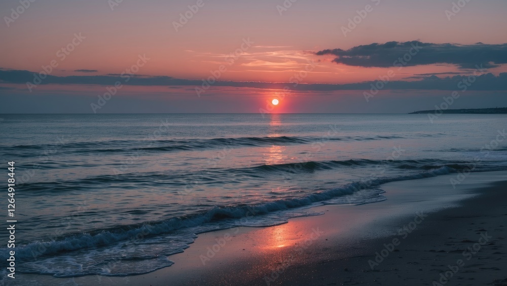 Poster sunset over calm ocean waves with reflections on wet sand beach evening sky copy space