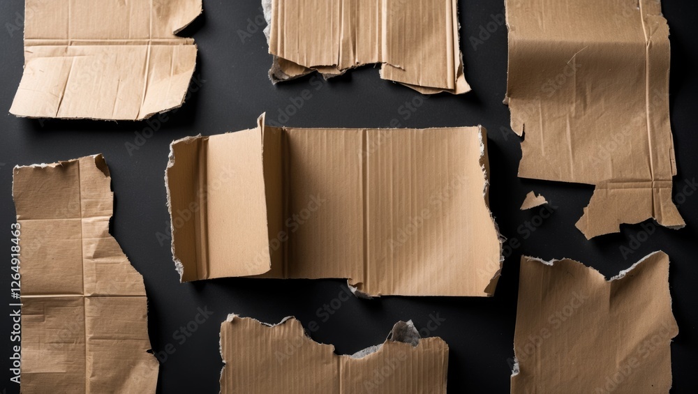 Poster Assorted torn and crumpled pieces of cardboard on a black background with visible texture and edges, Copy Space.