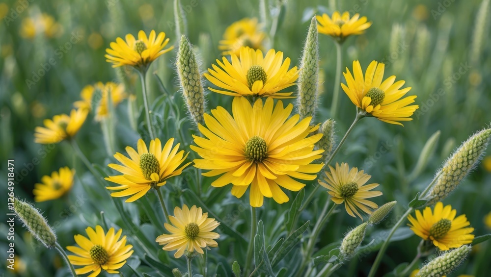 Poster Yellow daisies blooming in a green field surrounded by grass with soft focus and Copy Space for text placement.