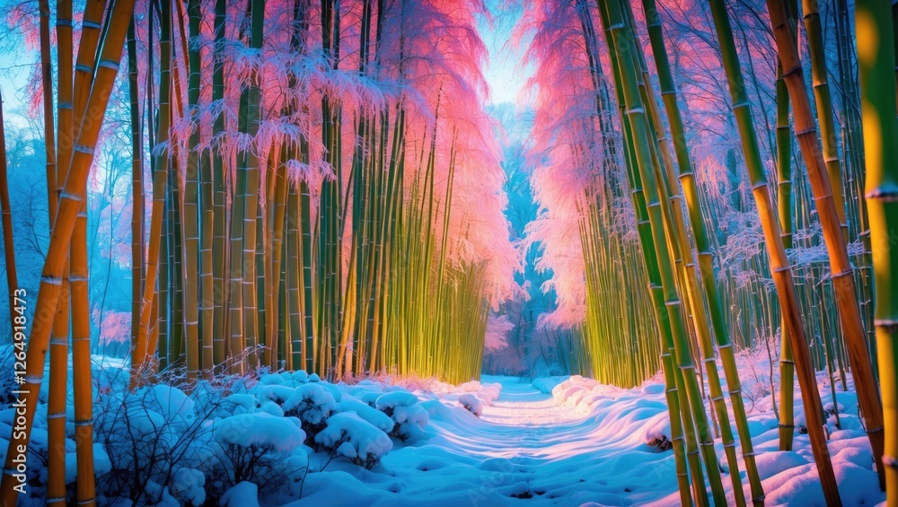 Aufkleber colorful bamboo forest in winter with snow covering the ground and illuminated by soft light, suitab