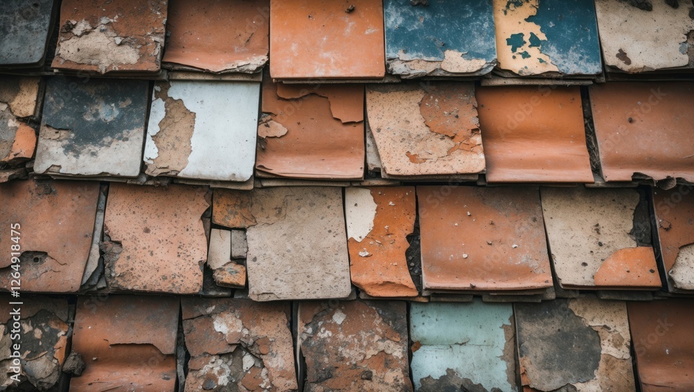 Poster old damaged roof tiles in various colors with peeling paint on a residential structure, showing text