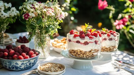 An outdoor breakfast table with raspberry yogurt parfaits, fresh berries, granola, and a summer floral centerpiece under natural sunlight