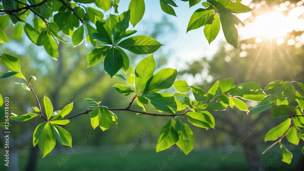 Poster Green leaves on a branch illuminated by sunlight with a natural blurred background and Copy Space for text placement