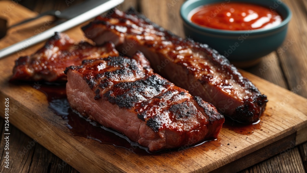 Poster grilled barbecue ribs served on a wooden cutting board with a bowl of sauce in the background copy s