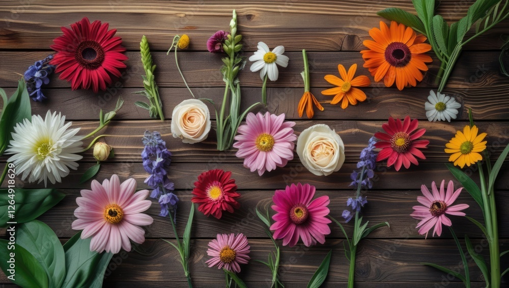 Poster assorted colorful flowers arrangement on wooden background with green leaves and ample copy space fo