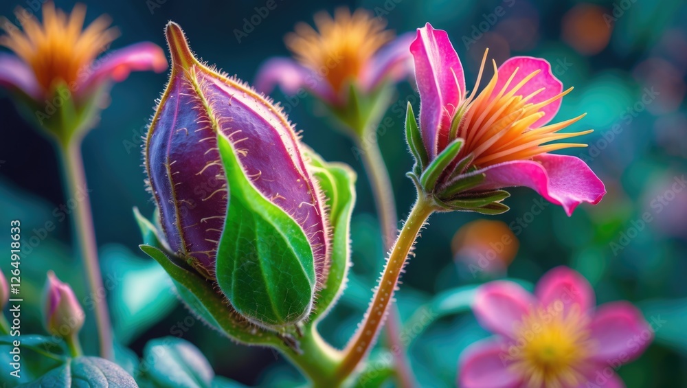 Aufkleber macro close-up of vibrant blooming flowers and a bud with fine details and soft focus background for