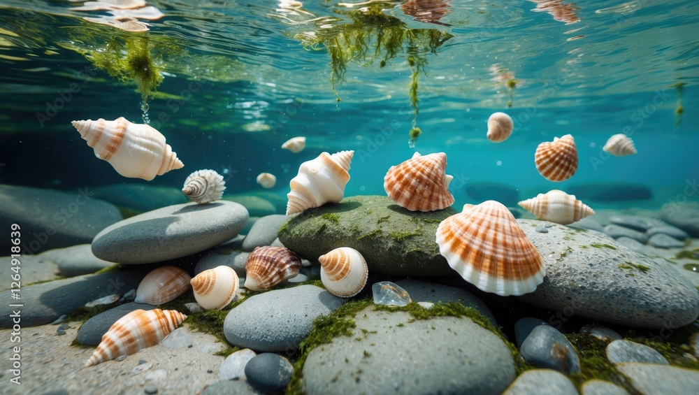 Poster underwater scene with various seashells on stones in clear water with algae and sunlight reflections