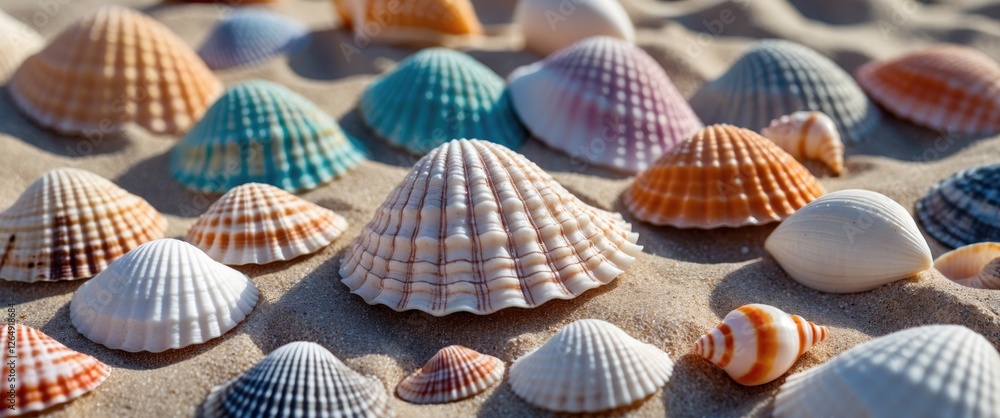 Aufkleber Colorful assortment of seashells on sandy beach with various patterns and textures Copy Space