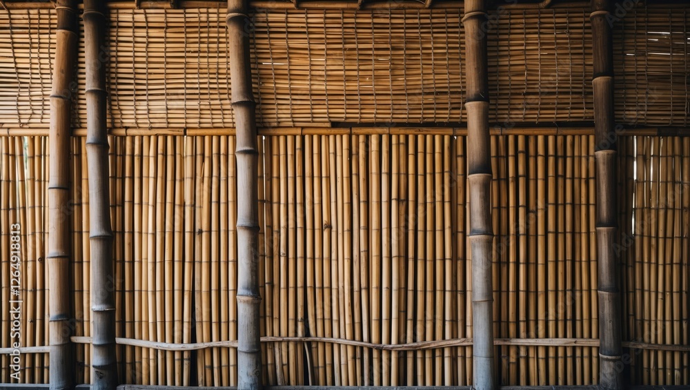Poster Bamboo wall texture with horizontal and vertical bamboo poles in natural shades and patterns suitable for backgrounds and designs Copy Space