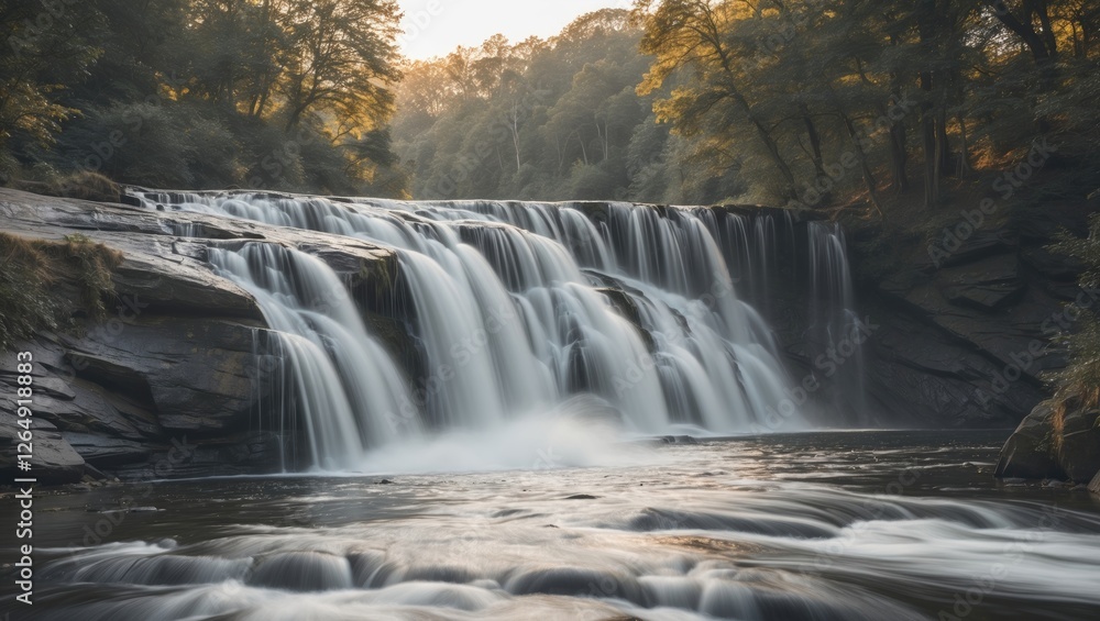 Poster Scenic view of multiple cascading waterfalls surrounded by lush greenery during golden hour with smooth water flow and reflection. Copy Space