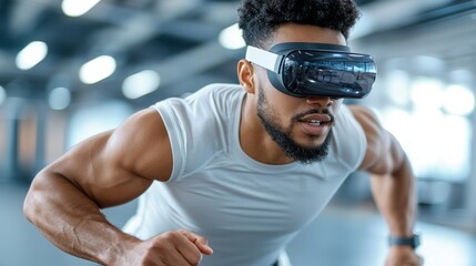 Fototapeta premium Muscular athletic built man wearing virtual reality headset and engaged in an immersive VR fitness training session at the modern high tech gym Focusing intently on his workout