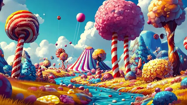 Whimsical Candy Land With Colorful Trees And River