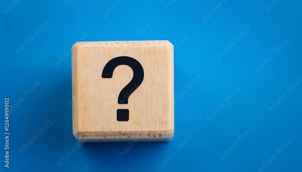Poster wooden cube with question mark against blue background. faq and qa. problem solution.