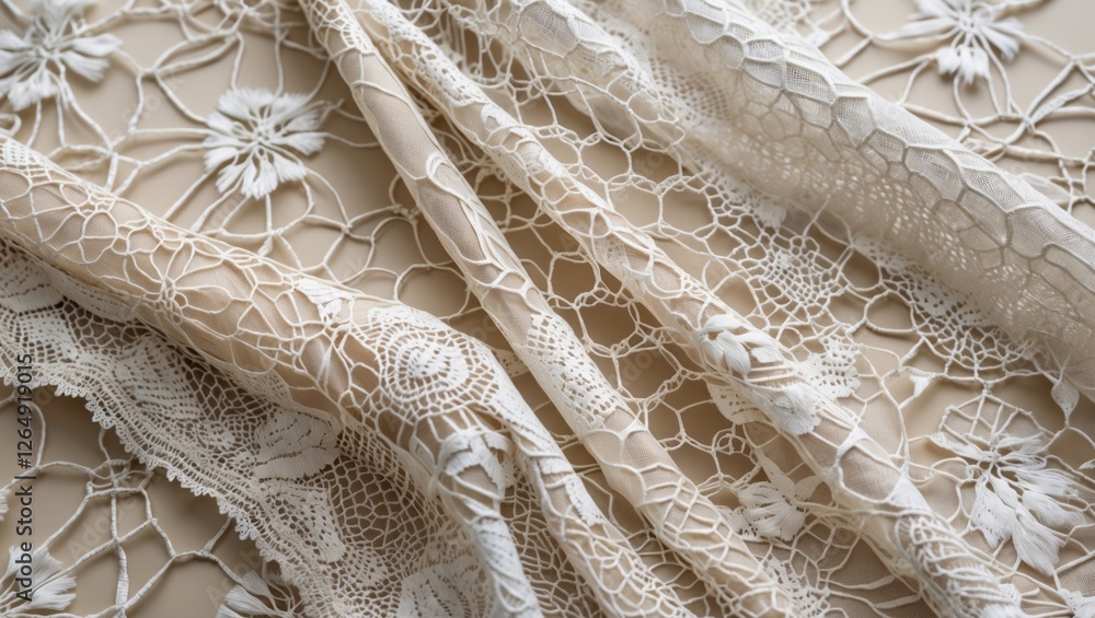Poster Delicate lace fabric with intricate floral patterns and textures on a neutral background showcasing textile details and Copy Space