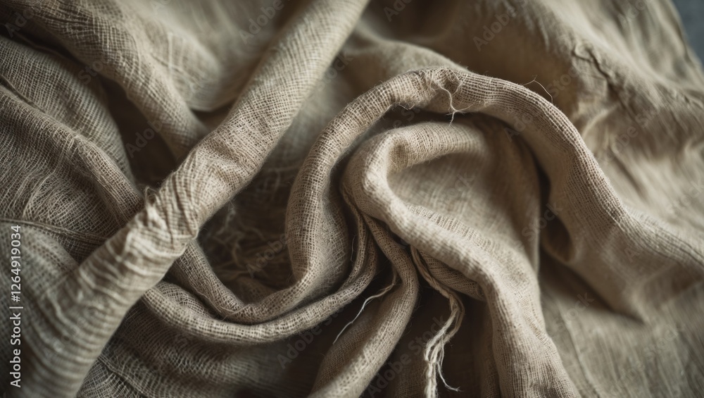 Poster Close-up of textured natural fabric in neutral tones with visible creases and wrinkles suitable for backgrounds or textile design Copy Space
