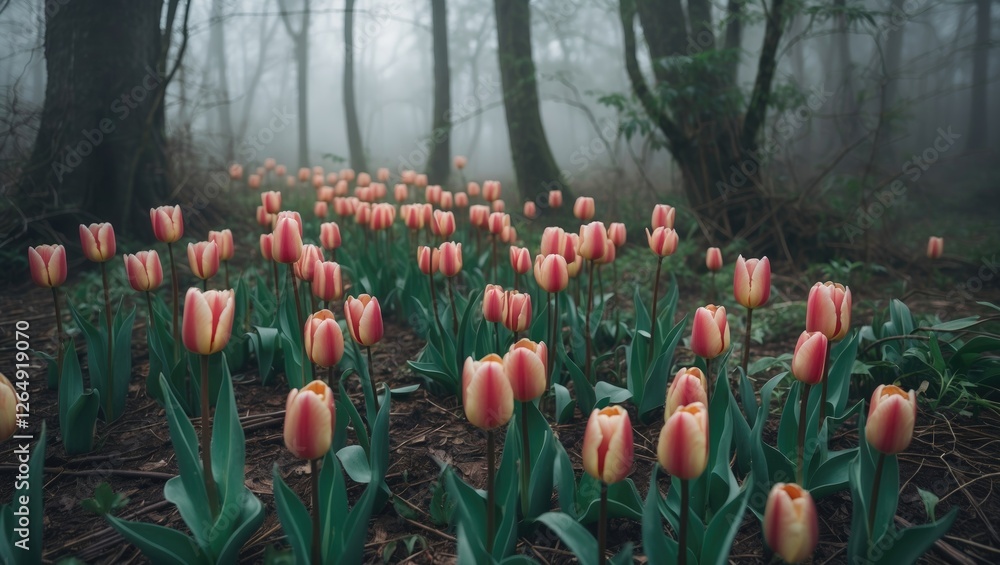 Poster tulip flowers blooming in a foggy forest setting with lush green foliage and soft lighting copy spac