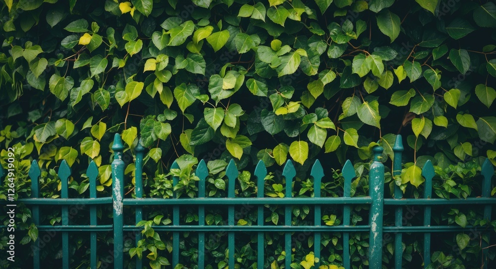 Poster green leafy wall with a decorative iron fence in foreground providing natural texture and depth with