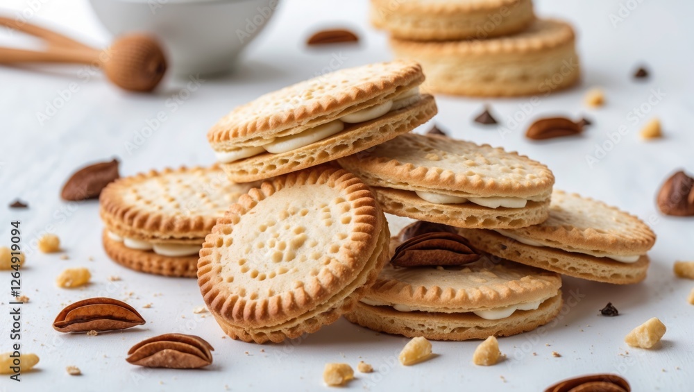 Poster Stack of cream-filled cookies with nuts scattered on a light textured surface and a blurred bowl in the background Copy Space