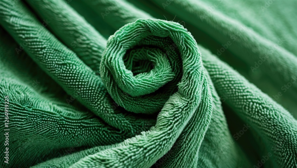 Poster Close-up of rolled green towel displaying texture and softness on a blurred background with Copy Space
