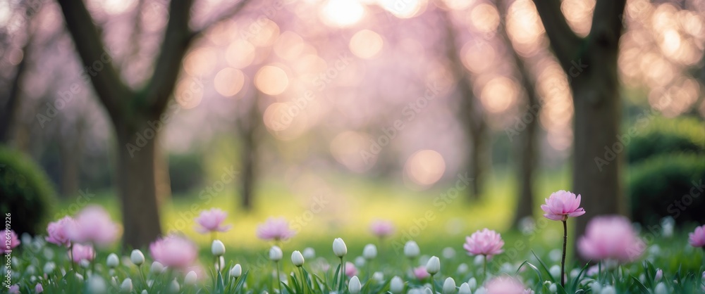 Poster blurry floral landscape with pink flowers in focus surrounded by soft bokeh background of trees and 