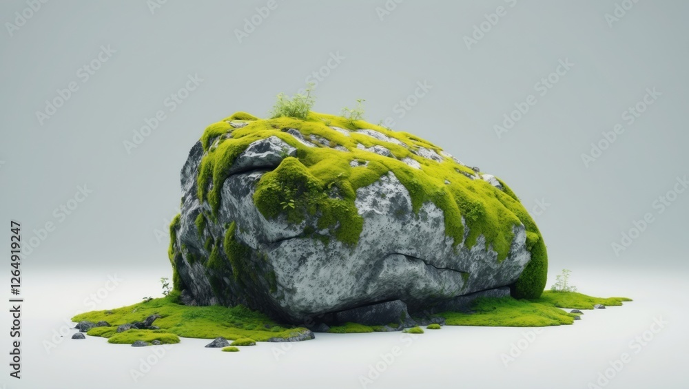 Poster moss covered rock with green vegetation on a plain background for natural and environmental themes c