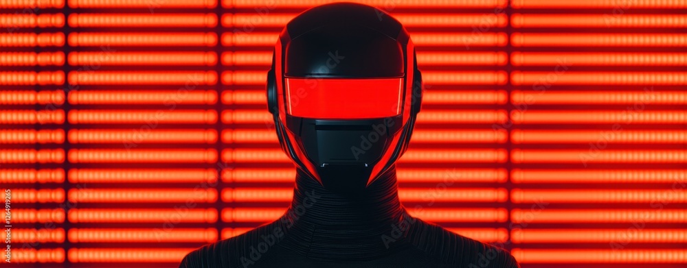 Poster futuristic humanoid figure with black helmet and red visor illuminated by bright neon lights in dark