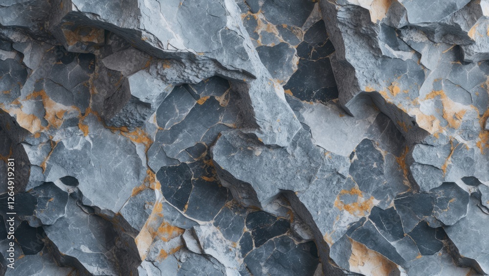 Poster blue and grey rock surface with cracks and orange mineral accents suitable for backgrounds or textur