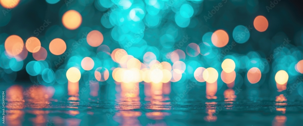 Poster Bokeh lights abstract background with blue and orange colors reflecting on water surface suitable for modern design with Copy Space
